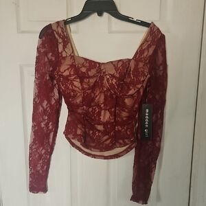 Madden Girl Red Lace Long Sleeve Blouse
